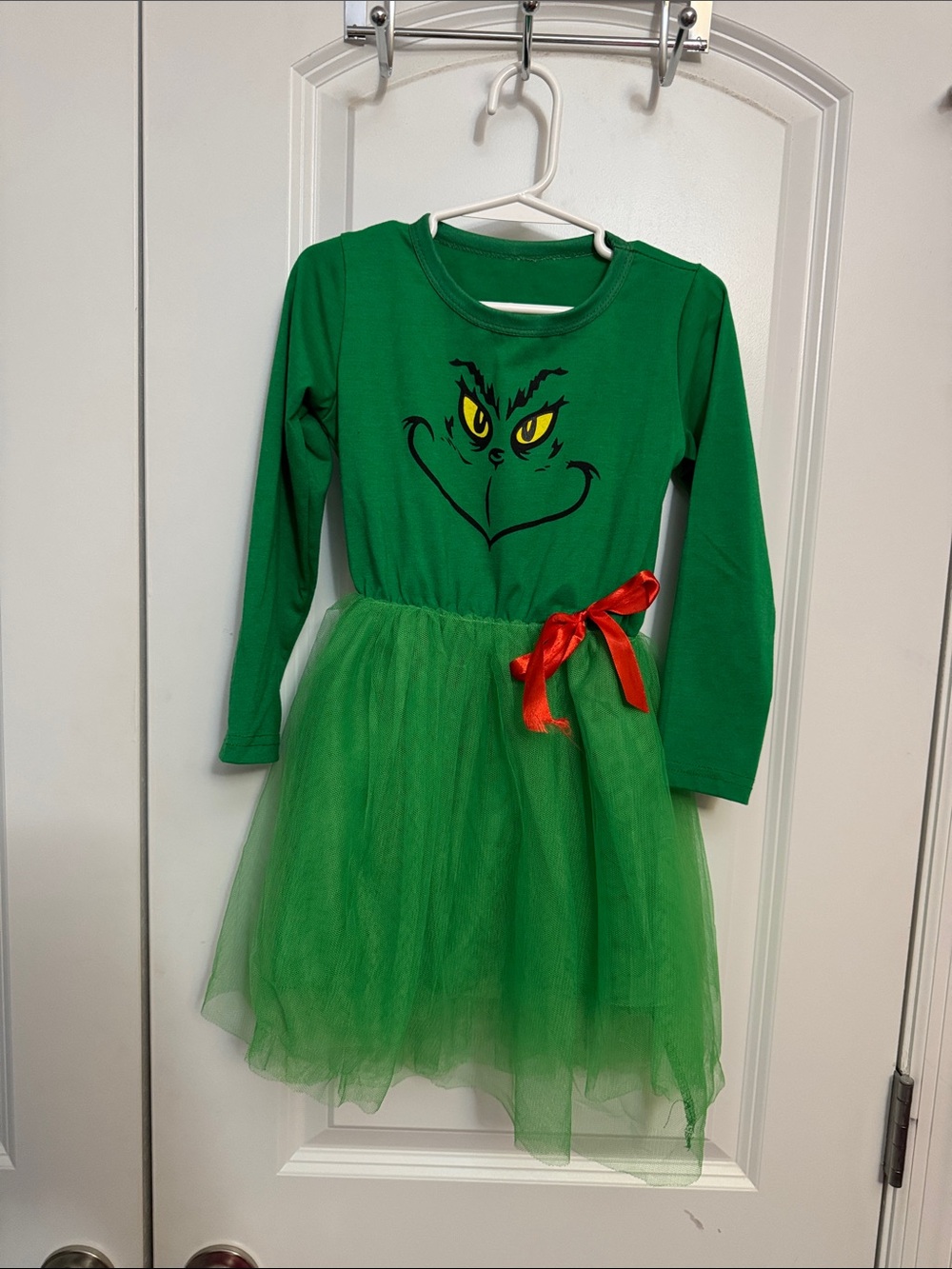 Amazon Green Grinch-Inspired Tulle Dress with Red Bow
